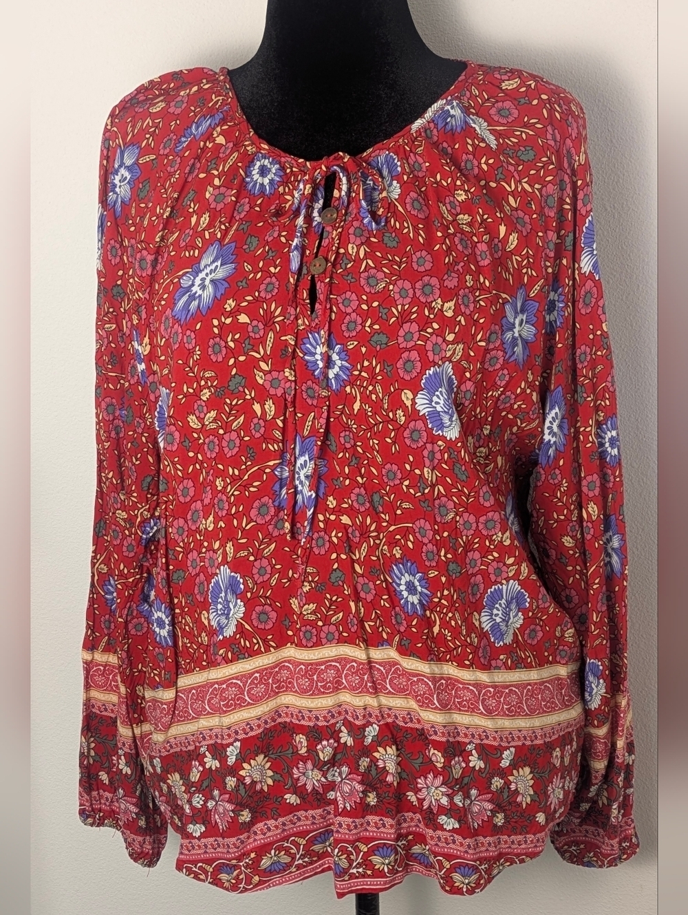 Novica Womens Red Mixed Floral Print Woven Top Blouse Bohemian Long Sleeve Sz L